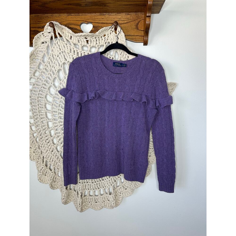 Polo Ralph Lauren Wool Cashmere Purple Cable Knit Ruffle Sweater Size Medium